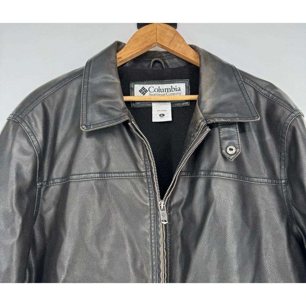 Columbia‎ Faux Leather Full Zip Heavy Bomber Jacket Men's XL Black Fleece Lined